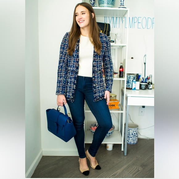 HALOGEN Tweed Blue Navy Textured Fringe Casual Blazer Jacket Button Pockets XS - Picture 2 of 13